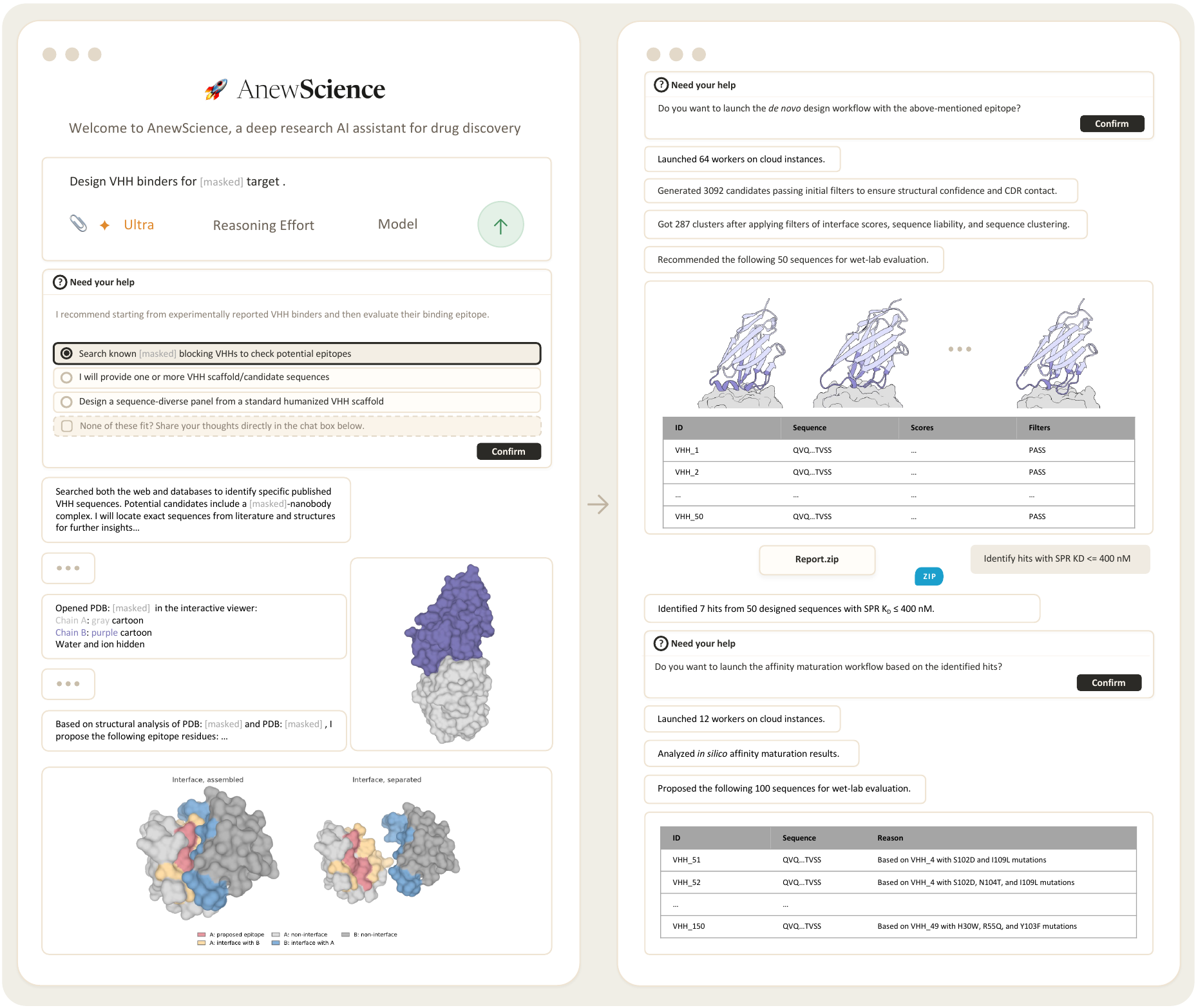 The lab-in-the-loop antibody design workflow in the AnewScience interface