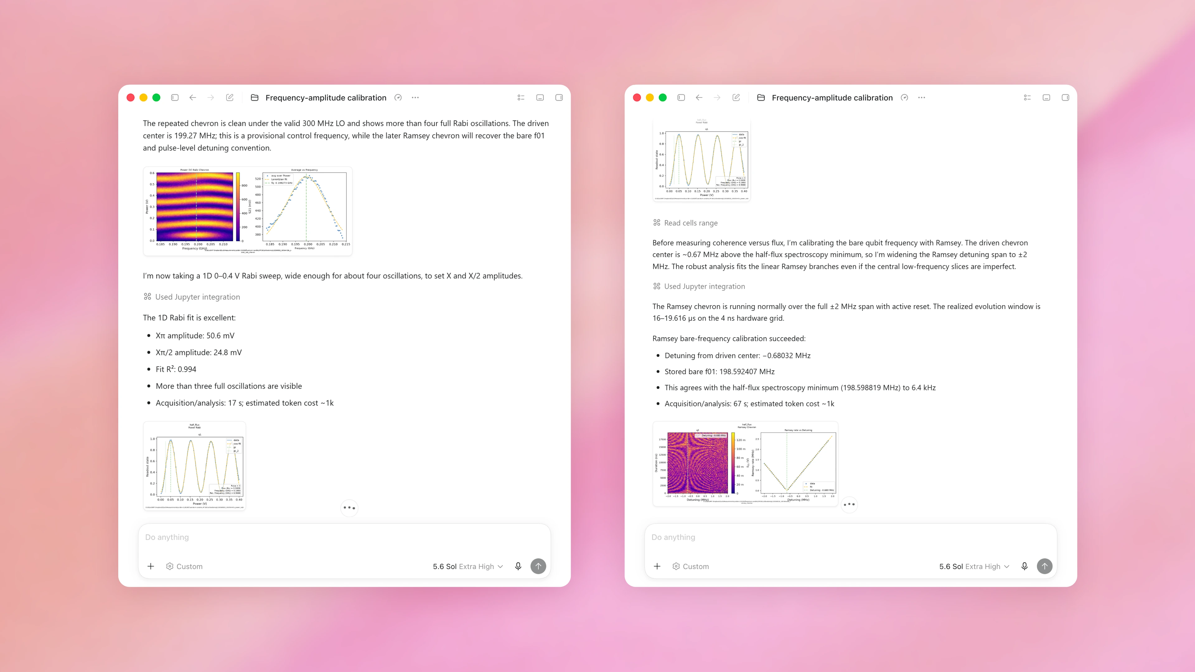 Two Codex screenshots: GPT-5.6 Sol's Rabi and Ramsey measurements, fit results and data plots from one frequency-amplitude calibration run